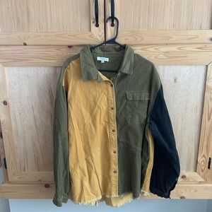 Umgee USA vintage colorblock fringed corduroy oversized shacket over shirt 1X